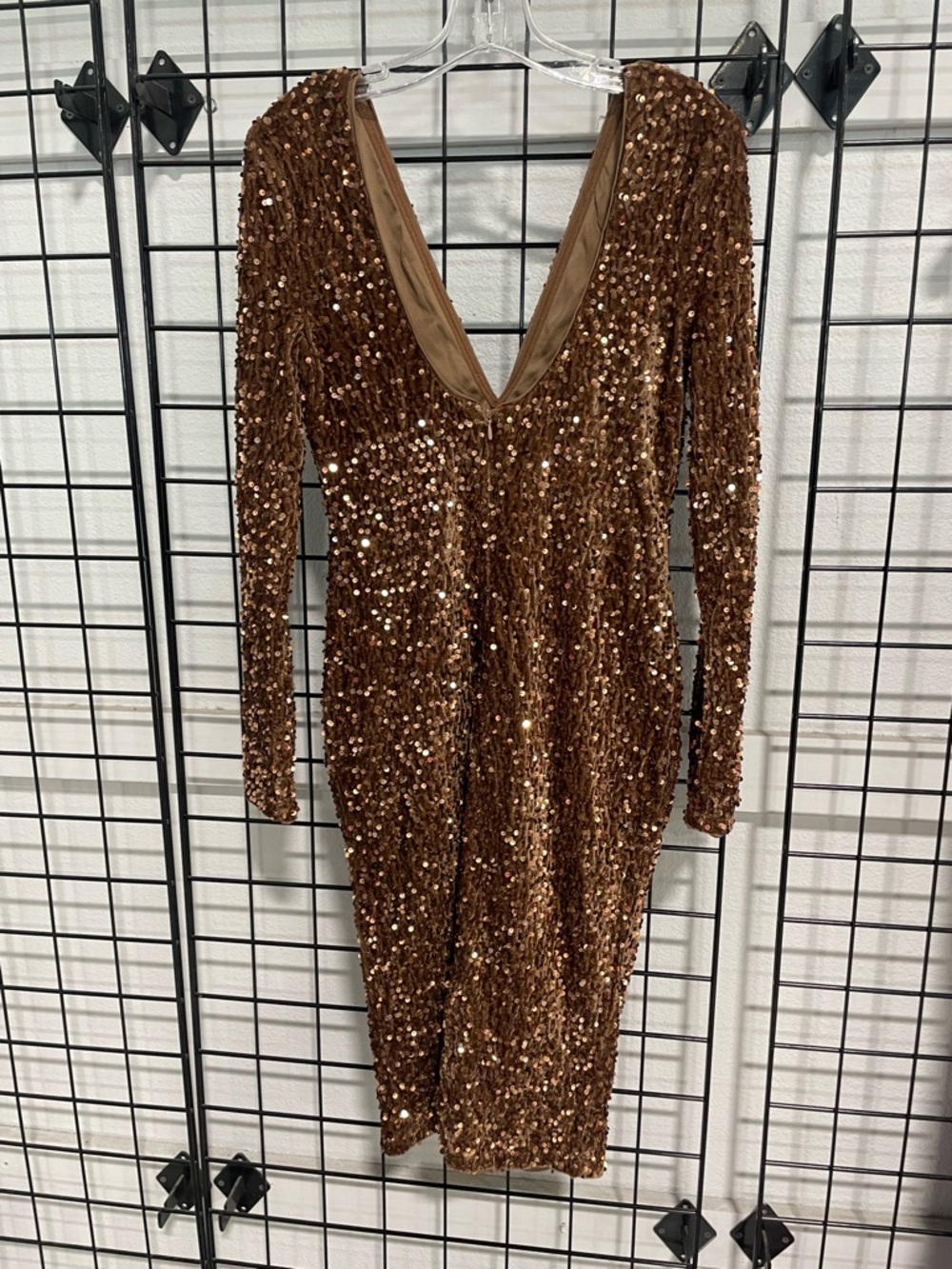 Sequined V-Neck Long Sleeve Cocktail Dress in Bronze - Picture 8 of 8